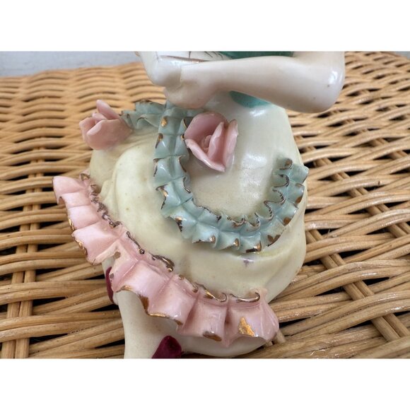 Vintage 50's Porcelain Victorian Girl Reading book Flowers Ruffles Victorian - Picture 12 of 12